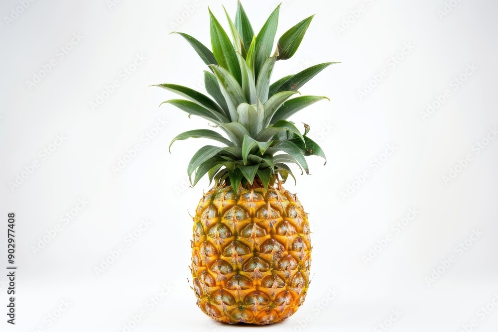 Wall mural Fresh pineapple with vibrant green leaves, isolated on white background