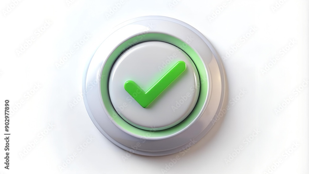 Poster sleek white non-toxic button with a subtle green tick ai generated