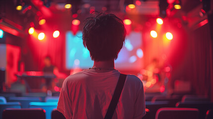 A shot from the back of a young person at a small concert hall watching a band on stage getting ready to perform with space for text