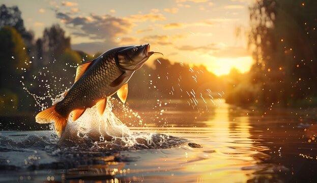 Beautiful big pike carp fish jumping out of the water with splashes, golden hour, photorealistic, 