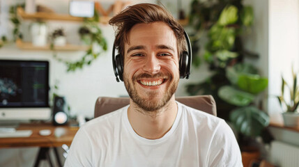 Fototapeta premium A man wearing headphones and smiling