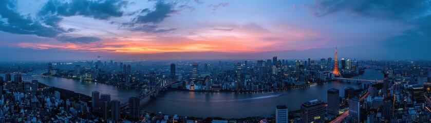 Fototapeta premium A city skyline with a river running through it. The sky is a beautiful orange and pink color