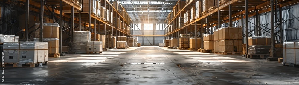 Poster a warehouse with many boxes on the shelves. the boxes are stacked in rows and are of different sizes