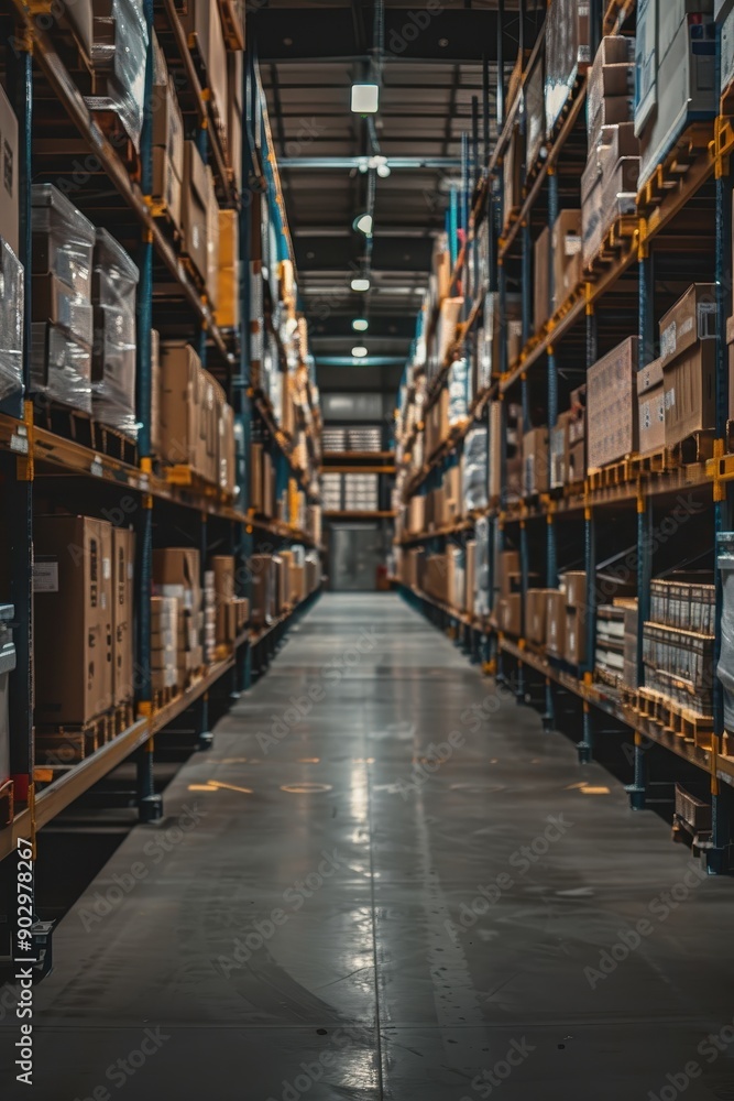 Poster a warehouse with many boxes on the shelves. the boxes are stacked in rows and are of different sizes