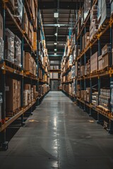 Fototapeta premium A warehouse with many boxes on the shelves. The boxes are stacked in rows and are of different sizes. The warehouse is very large and has a lot of space