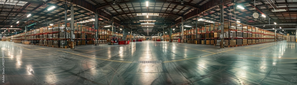 Poster a warehouse with many boxes on the shelves. the boxes are stacked in rows and are of different sizes