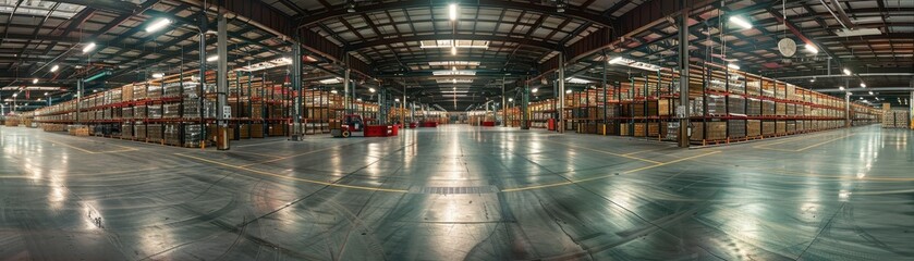 A warehouse with many boxes on the shelves. The boxes are stacked in rows and are of different sizes. The warehouse is very large and has a lot of space