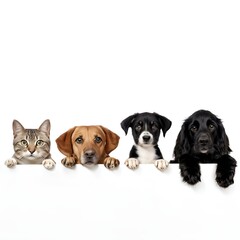 "Cute variety of dogs, rabbits, and cats peeking out on an isolated white background, with ample copy space for text ads and graphic design."
