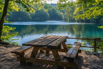 Obraz premium Serene Lakeside Picnic Spot Surrounded by Lush Greenery