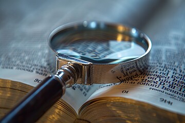 This detailed photograph features a crystal clear magnifying glass amplifying the fine print of a well-used Bible. Dramatic lighting enhances the textures of the paper, creating a captivating image.