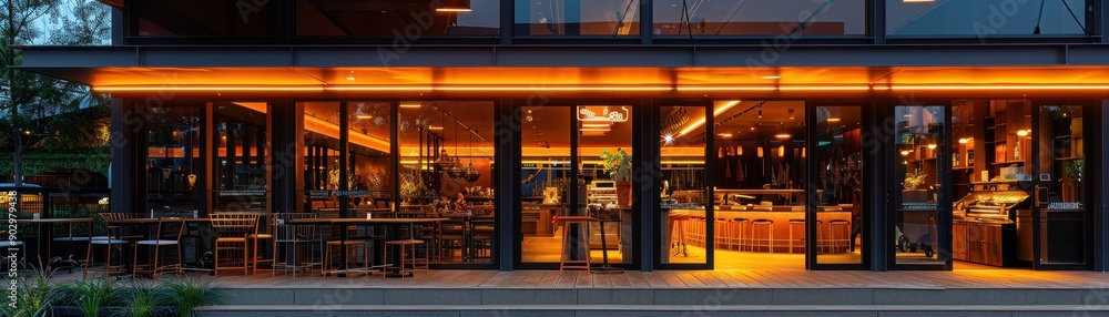 Poster a restaurant with a warm and inviting atmosphere. the tables are set with chairs and there are sever