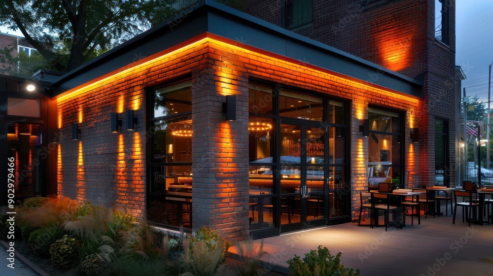 Poster a restaurant with a warm and inviting atmosphere. the tables are set with chairs and there are sever