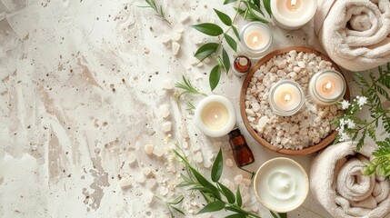 Beautiful spa treatment composition such as Towels, candles, essential oils, Massage Stones on light wooden background. blur living room, natural creams and moisturizing Healthy lifestyle, body care