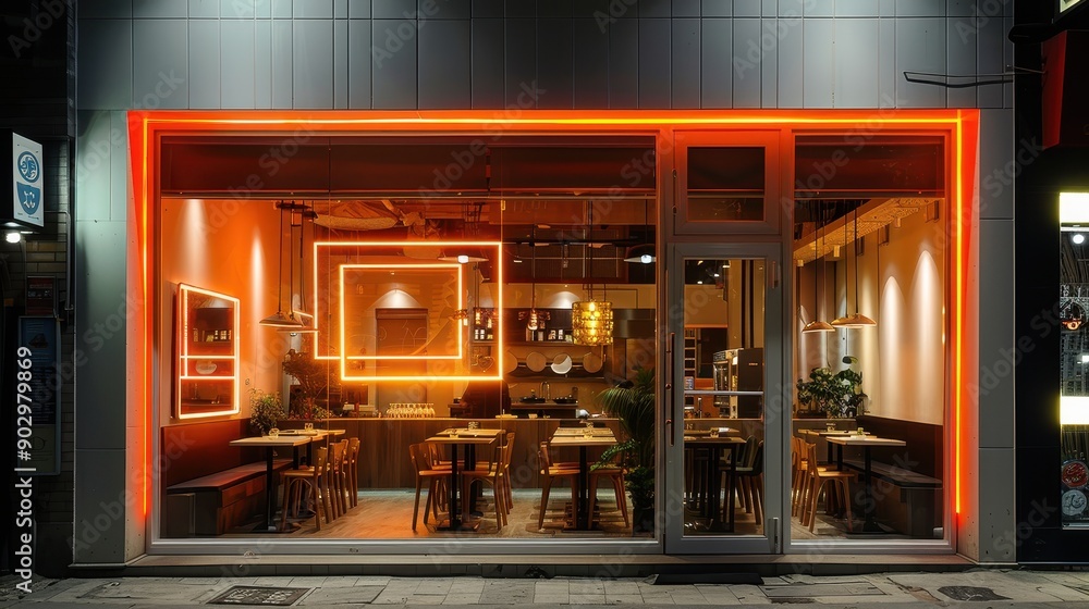 Poster a restaurant with a warm and inviting atmosphere. the tables are set with chairs and there are sever