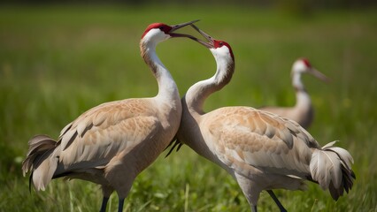 Fototapeta premium Close-Up Interaction: Sandhill Cranes in Their Mating Dance