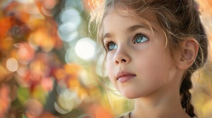 Fototapeta premium Autumn Wonder: A young girl with captivating blue eyes gazes intently into the distance, surrounded by the vibrant hues of autumn leaves. 