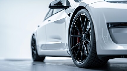 A white car with black tires is parked in a large room. The car is the main focus of the image, and it is a luxury vehicle