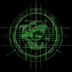 Naklejka premium Blueprint: Design of music logo featuring a PAL in green on a gold background. Include world as additional design element.