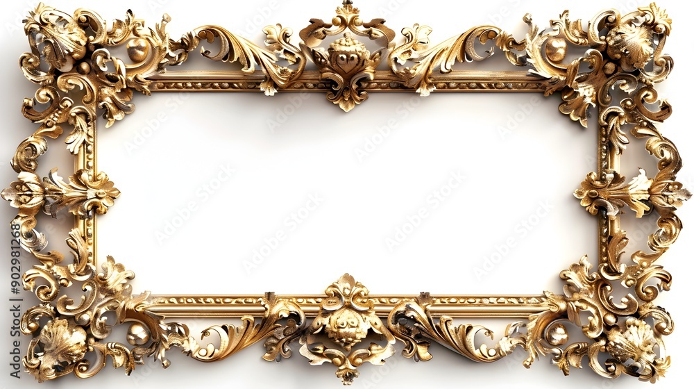 Poster extravagant baroque style frame with ornate golden details and intricate patterns against white back
