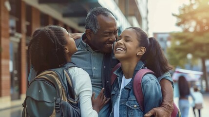Naklejka premium Parents dropping off their child at college, emotional goodbyes
