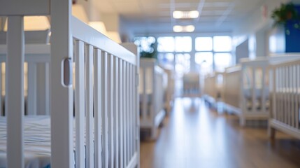 A row of white cribs are lined up in a room