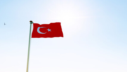 Flag of Turkey waving in the wind, sky and sun background. Turkish Flag.