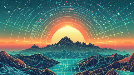 Futuristic retro landscape of the 80s featuring a vector illustration of a sun with mountains in retro style, with a digital cyber surface ideal for 1980s-themed design.