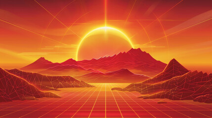 Futuristic retro landscape of the 80s featuring a vector illustration of a sun with mountains in retro style, with a digital cyber surface ideal for 1980s-themed design.