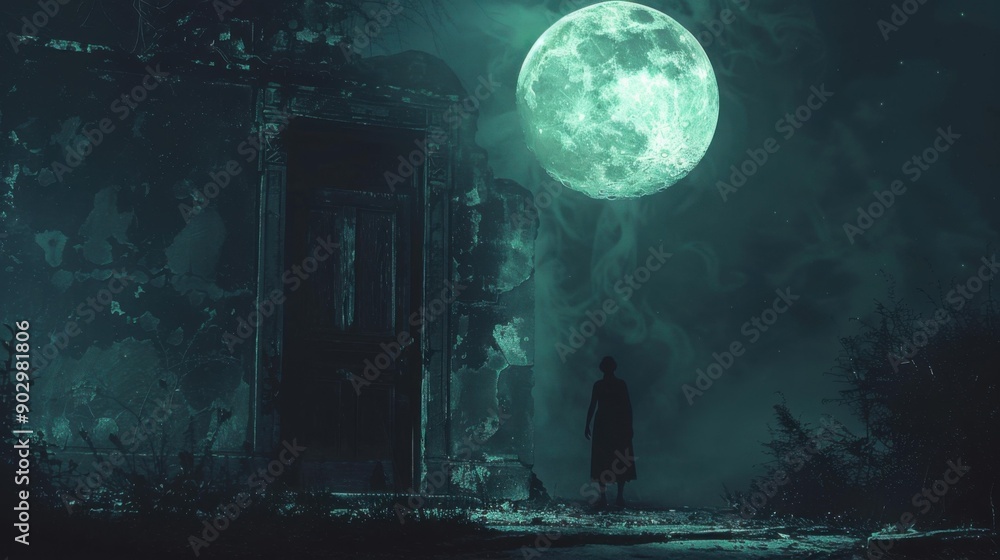 Wall mural A Solitary Figure Stands Before a Glowing Moon and Abandoned Building