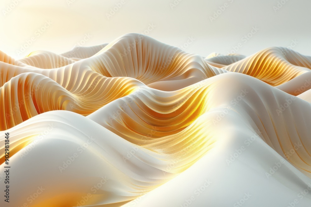 Poster a mesmerizing abstract composition featuring golden and white waves, creating a sense of movement an