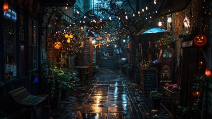 A Wet and Festive Alleyway Lit with String Lights