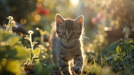 A kitten exploring a sunlit garden, morning light