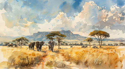 A painting of three elephants walking in a field with a tree in the background. The mood of the painting is peaceful and serene
