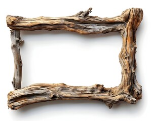 Rustic Driftwood Frame with Natural Textures and Organic Feel on White Background