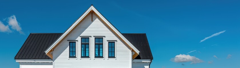 A large white house with a white roof and a white porch. The house is surrounded by a lush green lawn and a garden with colorful flowers. Scene is peaceful and inviting