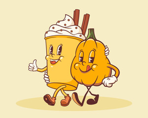 Halloween Groovy Pumpkin and Coffee Retro Characters. Cartoon Sweets Cake Latte Walking and Smiling. Vector Spooky Autumn Holiday Mascot Template. Happy Vintage Cool Illustration Isolated