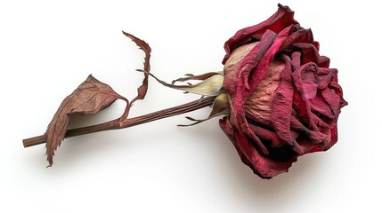 one single dried red rose flower on white background