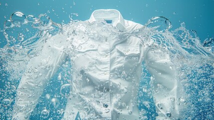 A white shirt is being washed in a bathtub. The water is splashing around the shirt, creating a sense of movement and energy. The scene is playful and lighthearted