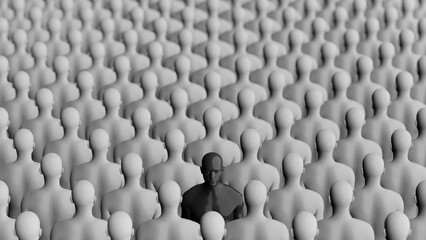Black Figure Standing Out in Crowd of White Figures. Conceptual Illustration. 3D rendering