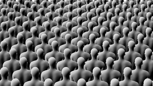 Group of Identical Figures in Uniform Rows. Conformity, conceptual illustration. 3D rendering