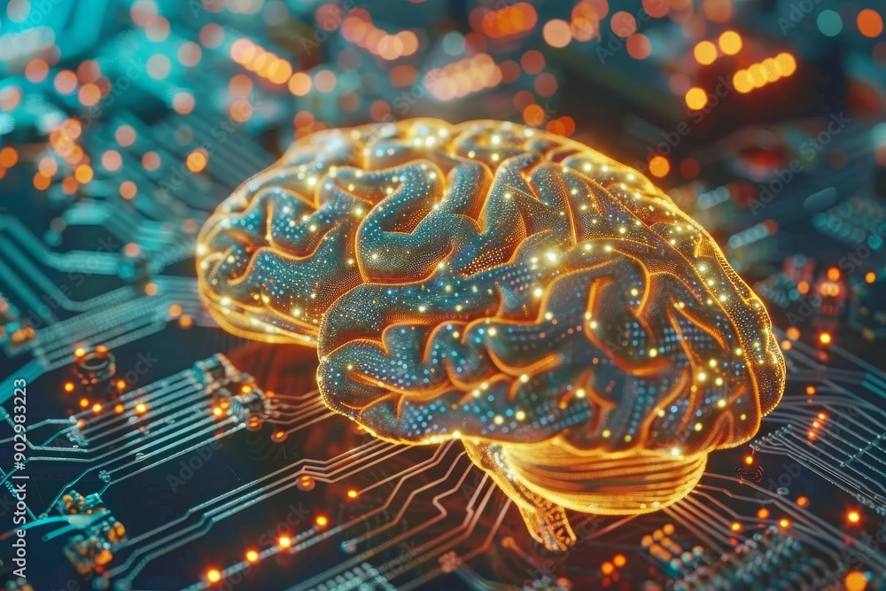 Poster blue digital brain with neural connections representing technological intelligence and creativity.