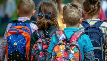 Fototapeta premium Group of Children Entering School with Backpacks