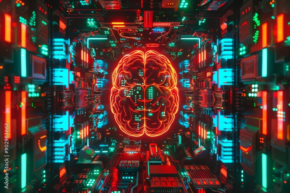 Poster red neural brain in a digital matrix showcasing the convergence of technology and intelligence in a 