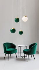 Two stylish green chairs surround a small table under decorative pendant lights in a minimalistic interior design