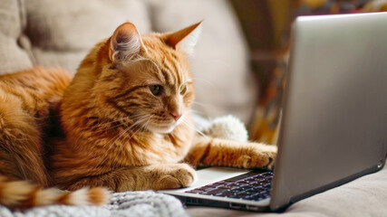 Cute cat relaxing at home with laptop. Happy kitten shopping at home. Funny creative concept for advert, poster, app, web, sale, online