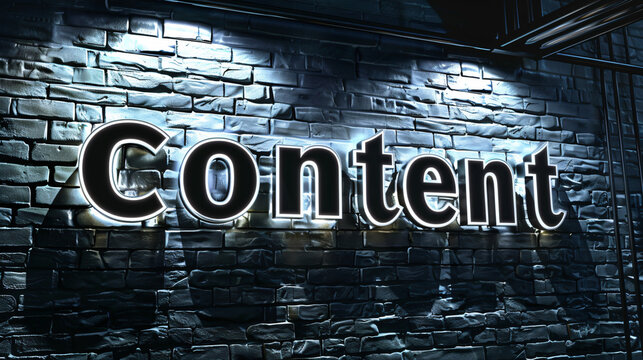Glowing content sign is mounted on a dark brick wall, emphasizing the importance of digital information in the online world