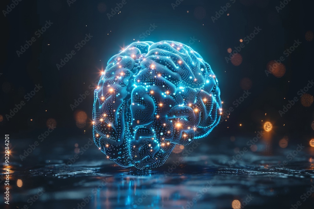 Poster blue brain hologram with neural connections showcasing technological intelligence and creative desig