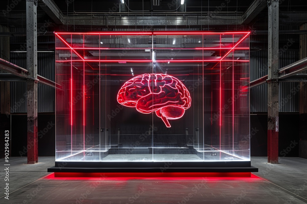 Poster brain in a red neon frame showcasing technological innovation and advanced ai in a futuristic indust