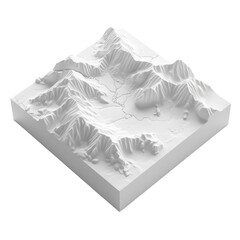 Fototapeta premium 3D terrain model in white showcasing detailed mountain ranges and valleys, perfect for geographical and topographical studies.