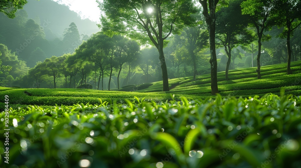 Poster sunlight filters through tall trees in a vibrant tea garden showcasing an array of climate-resistant